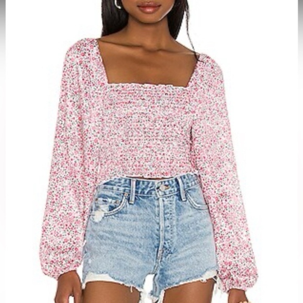 RESA Floral Smocked Long Bishop Sleeve Top – Size XS — Pink Flower Crop Blouse